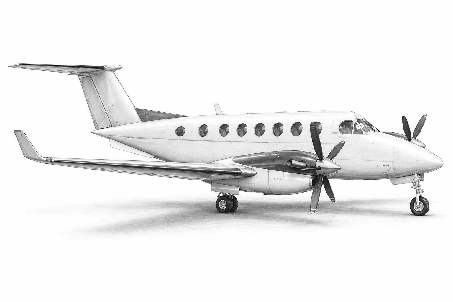 Graphite drawing of a King Air 350i with no registration markings.