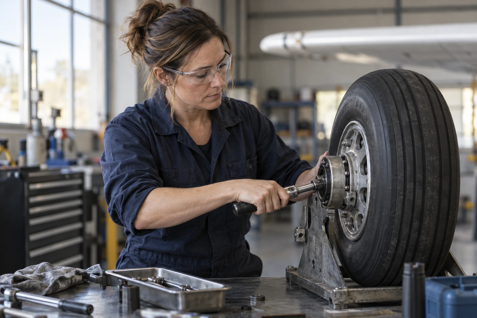Aircraft mechanic inspecting a wheel assembly at a maintenance bench.