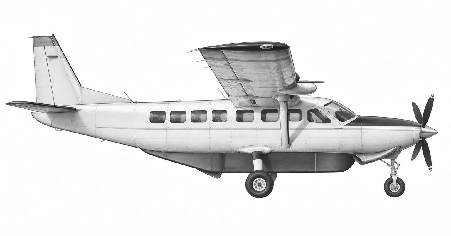 Graphite drawing of a Cessna 208B Caravan with no registration markings.