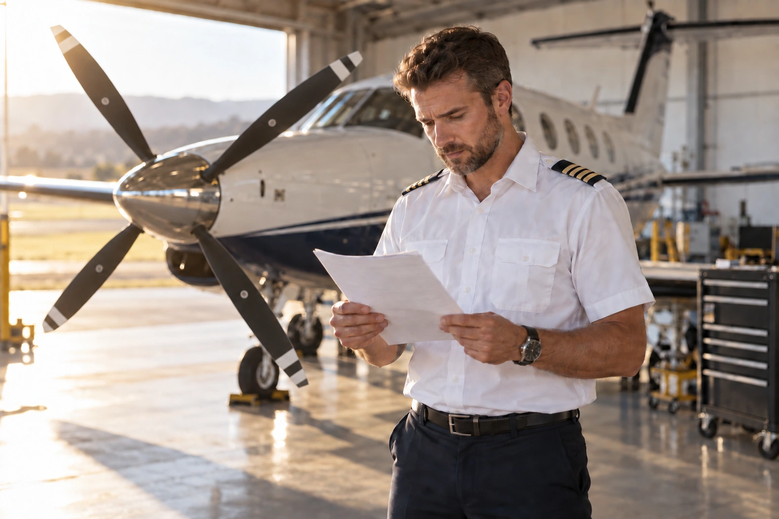 Pilot reviewing a checklist beside a grounded aircraft with its complete four-bladed propeller visible.